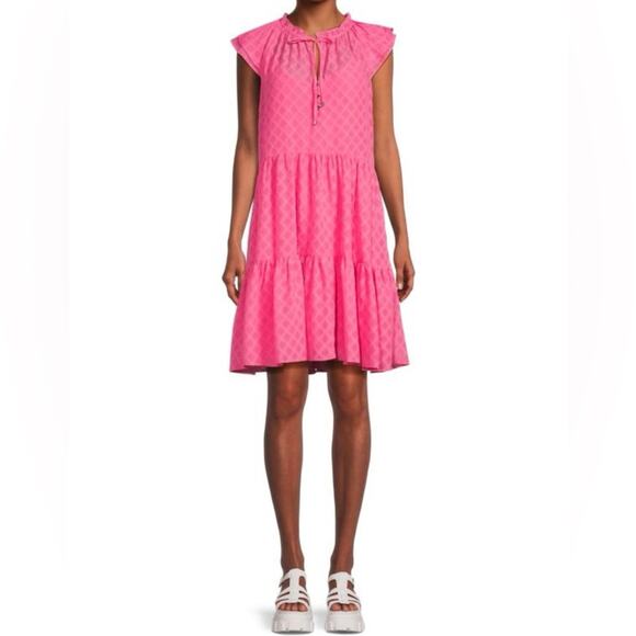 TOMMY HILFIGER Pattern Cap Sleeve Mini Dress Carmine Rose Women’s Sz 14 - Picture 1 of 8